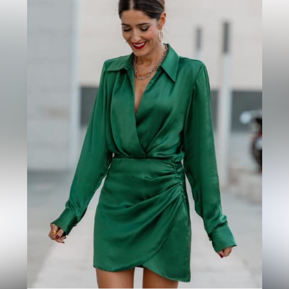 Zara Emerald Satin Mini Wrap Dress